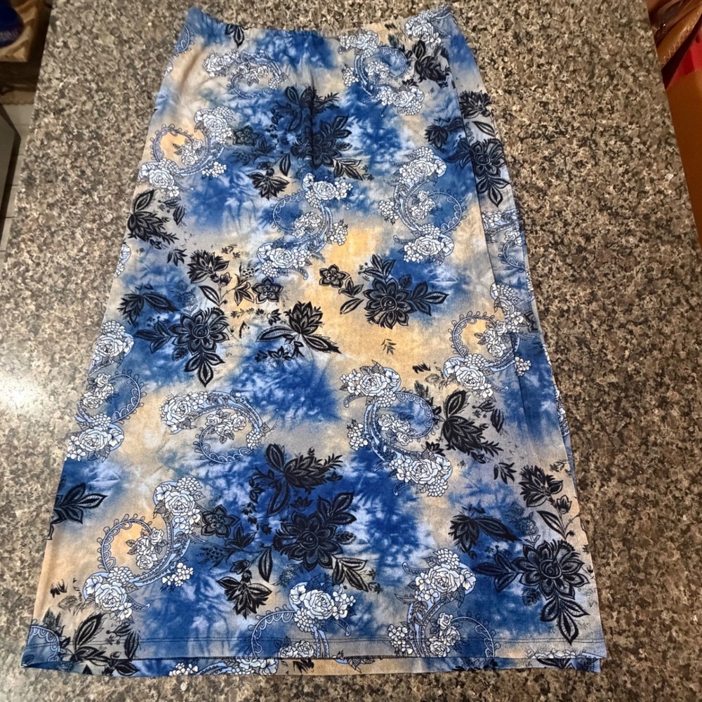 Impressions Lifestyle Blue Floral Tie Dye Maxi Skirt XL Paisley Slit Stretch